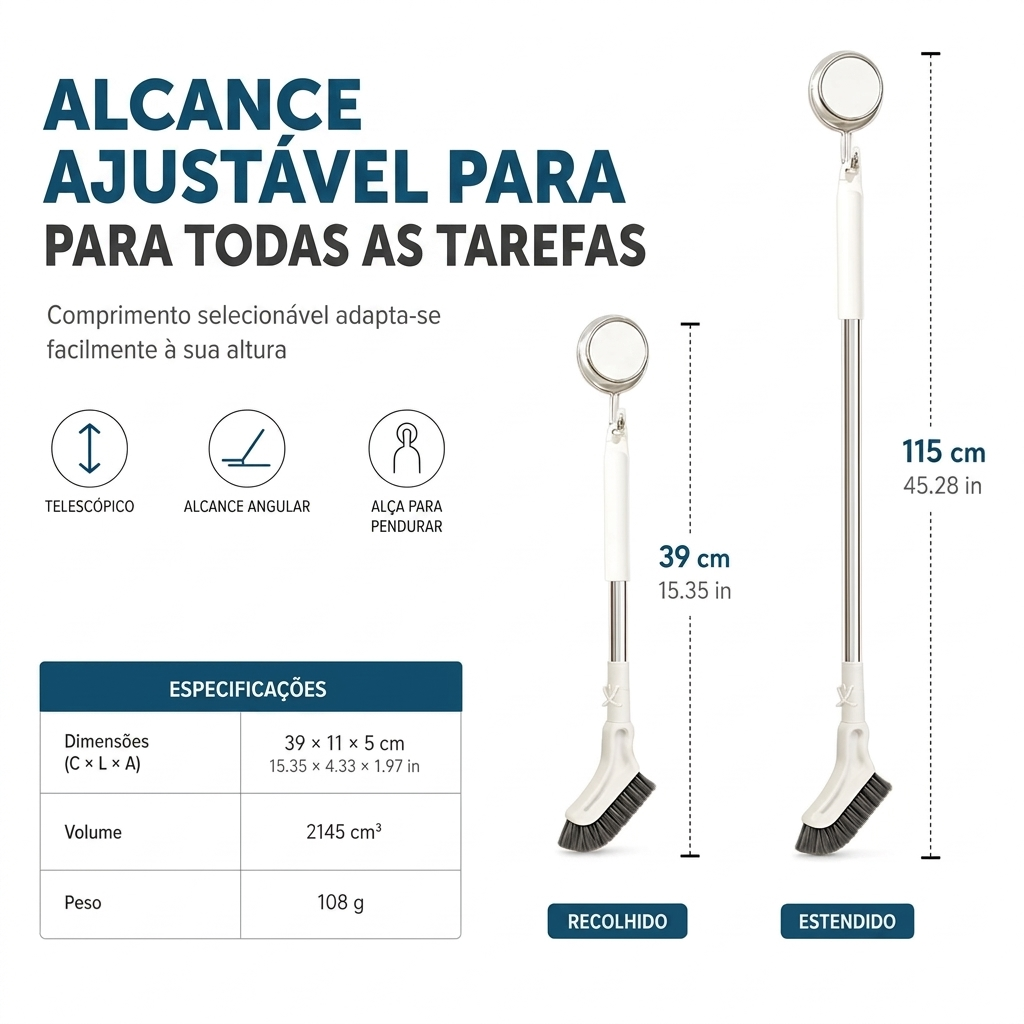 Escova multifuncional para pavimentos com cabo longo extensível
